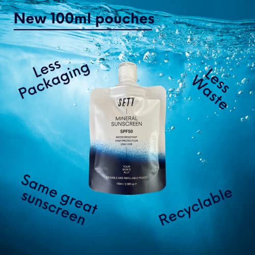 PACK OF 3 - SETT SPF50 Mineral Sunscreen POUCH 100ml. Less Packaging. Water Resistant!
