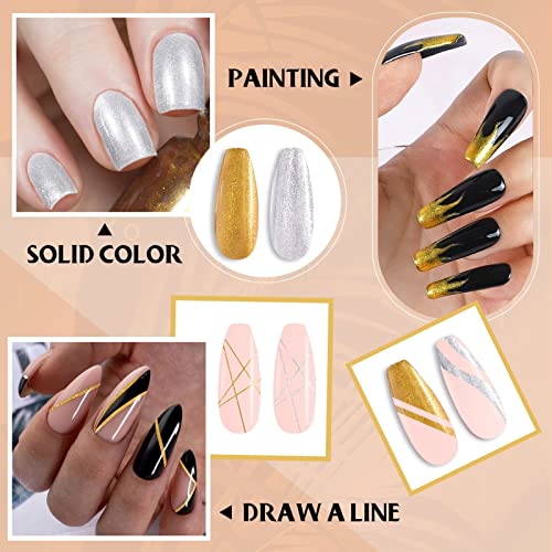 Rechoo Liner Nail Gel Polish-10ML*2 Gold & Silver Glitter Gel Nail Polish for Fineliner Nail Art, French Manicure Nail Polish, UV Shellac Color G