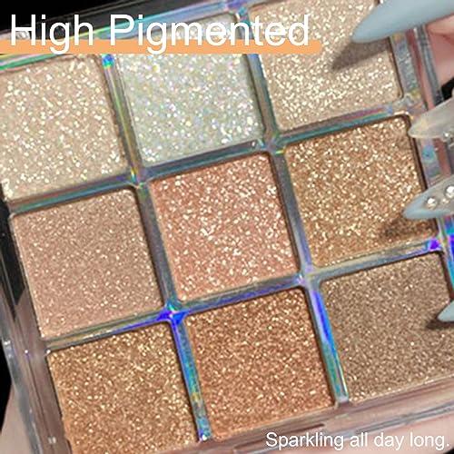 Glitter Eyeshadow Palette, Shimmer Eye Shadow Pallets for Women, 9 Colour Glitter Eye Make-Up Palettes, Gold, White, Pink Highly Pigmented Eye Sh