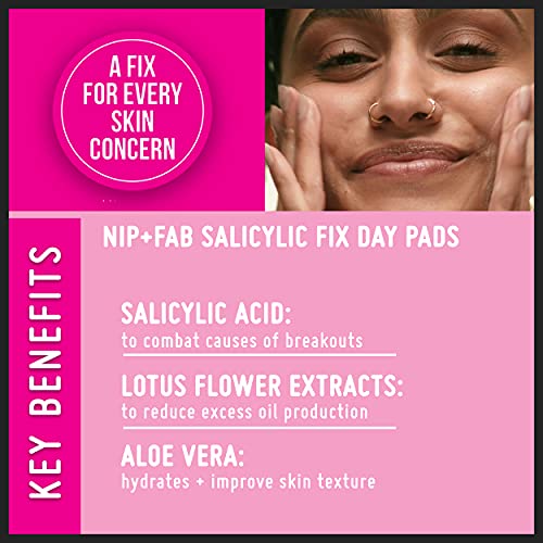 Nip + Fab Salicylic Acid Fix Day Pads for Face with Aloe Vera, Exfoliating Facial Pad BHA Exfoliant for Skin Hydration Acne Breakouts Refining Po