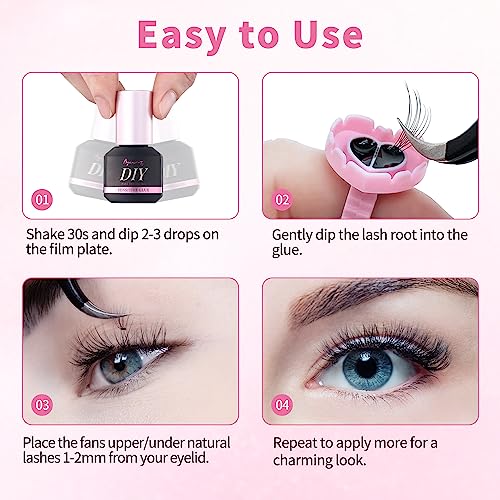 Sensitive Glue for DIY Lash Extension Self Application Hypoallergenic Cluster Lash Adhesive Black, 1s Fast Dry and Extra Strong Eyelash Adhesive,