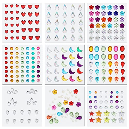 9 Sheets Festival Face Gems Stick on, Self-Adhesive Face Jewels Stickers Face Diamonds Rhinestones for Makeup, Nail Gems Stickers for Face Eye Ar