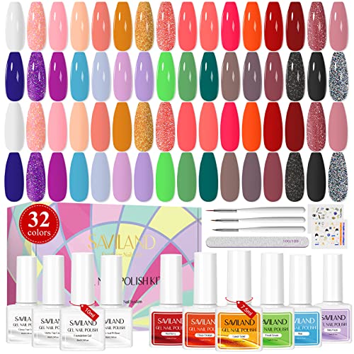 Saviland Gel Nail Polish Kitโ32 Colours Gel Polish Set with Base & Glossy/Matte Top Coat Liner Nail Art Brush Nail Stickers Soak-off U V Gel Poli