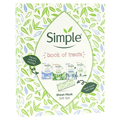 Simple Book of Treats Four Sheet Masks for every skin condition with a stretch head band Gift Set Festive gifts for Women 4 piece