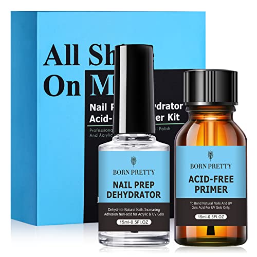 BORN PRETTY Nail Dehydrator and Primer Set, Acid Free Natural Nail Prep Dehydrate & Nail Bond Primer Set Fast Air Dry for Gel Nail Polish and Acr