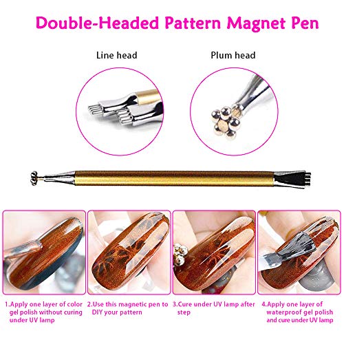 Nail Magnet Tool Set 5Pcs,Nail Art Kit Double Head Flower Design Nail Magnet Pen And Strong Magnet Stick Board Dotting Pens, Idea For DIY 3D Magn