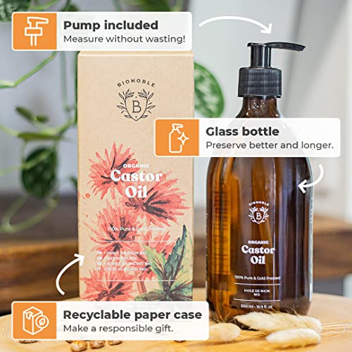 Bionoble Organic Castor Oil 500ml - 100% Pure, Natural and Cold Pressed - Lashes, Eyebrows, Body, Hair, Beard, Nails - Vegan and Cruelty Free - G