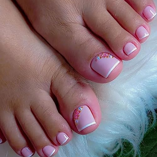 French False Toenails Short - Acrylic Press on Toe Nails - Pink Stick on Toenails with Glue - Full Cover Toe Nail Tips for Women Girls Nail Art