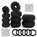 GOLRISEN Donut Hair Bun Maker Set,Black Bun Shaper,Hair Styling Accessory Dount Ring Style 10pcs Chignon Bun Maker (2L/4M/4S) with Hair Elastic B
