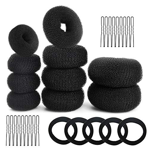 GOLRISEN Donut Hair Bun Maker Set,Black Bun Shaper,Hair Styling Accessory Dount Ring Style 10pcs Chignon Bun Maker (2L/4M/4S) with Hair Elastic B