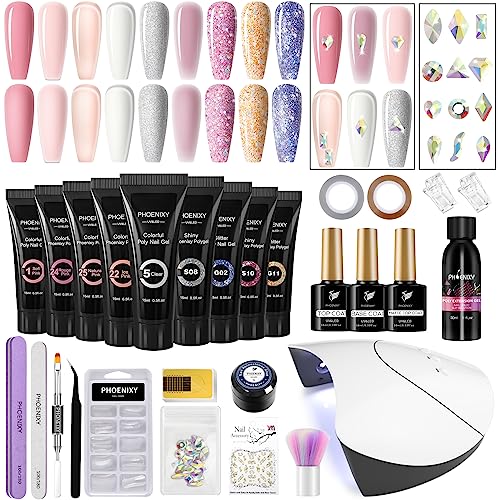 Poly Nail Gel Kit, Phoenixy 9 Colors Poly Nail Extension Gel Kit with 36W U V LED Nail Lamp with Basic Manicure Tools Poly Extension Gel Nail Sta
