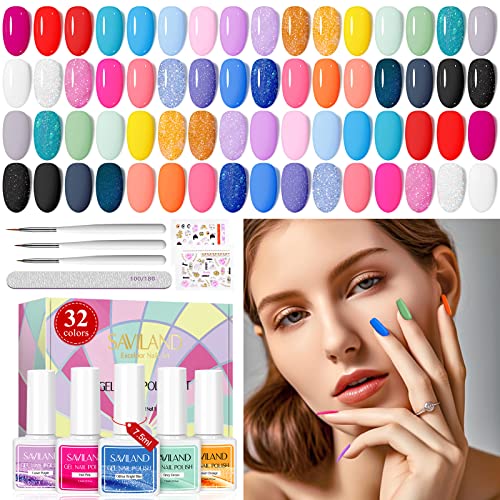 Saviland Gel Nail Polish Kitโ32 Colours Gel Polish Set with Base & Glossy/Matte Top Coat Liner Nail Art Brush Nail Stickers Soak-off U V Gel Poli