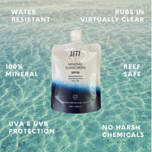 PACK OF 3 - SETT SPF50 Mineral Sunscreen POUCH 100ml. Less Packaging. Water Resistant!