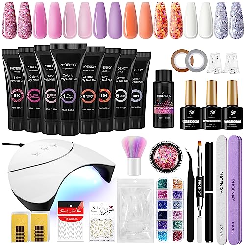 Poly Nail Gel Kit, Phoenixy 8 Pcs Poly Nail Extension Gel Set with Nail Lamp, Gloss Matte Top Coat, Nail Extension Gel Set for Beginners DIY Nail