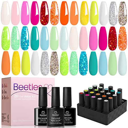 Beetles Gel Nail Polish - 20 Pcs Gel Nail Polish Set Pastel Paradise Soak Off Nail Gel Polish Nude Gray Pink Blue Glitter Gel Polish Starter Kit