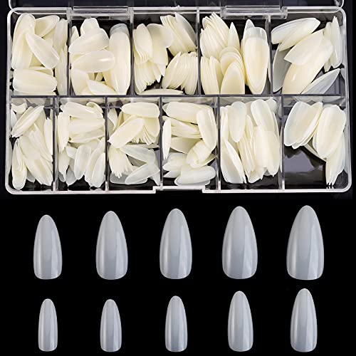 Almond Shaped Nail Tips 500Pcs Clear Acrylic Medium Nails Full Cover with Case for DIY Nail Art, 10 Sizes