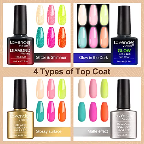 Lavender Violets 36+6 Pcs Gel Nail Polishes Set Neon UV LED Soak Off Varnish With Base,Glossy/Matte/Dimond/Glow-in-the-dark Top Coat Starter Kit