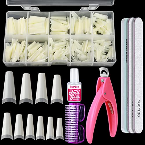 Clear Nail Tips, Artificial French Acrylic Press on Nails Set, 500 Pcs Coffin Half Cover Natural False Nails with Nail Glue Nail Files Buffer Shi
