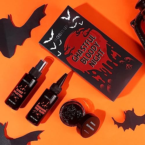 BOBISUKA Halloween Fake Blood Makeup Kit - Realistic Washable Special Effects SFX Makeup Coagulated Blood + Dripping Blood + Spray For Zombie Vam