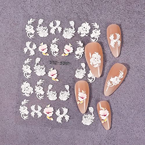 FRIUSATE 3 Sheet 5D Embossed Flower Nail Art Stickers Decals Self-Adhesive Nail Art Stickers DIY Floral Nail Decals For Women Girls Nail Art Deco