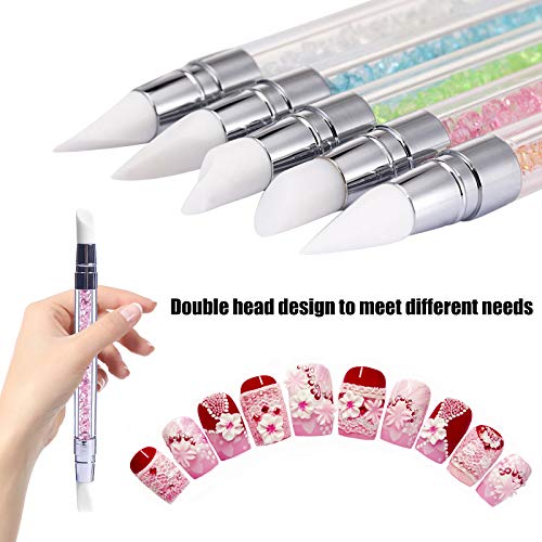 Hanyousheng 5Pcs Silicone Nail Art Sculpture Pen, Dual Tipped Silicone Rhinestone Nail Polish Carving Pen, Nail Art DIY Decoration Tool Nail Poli