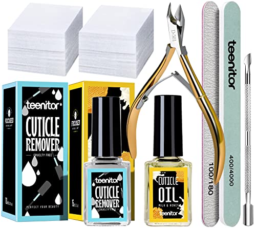 Cuticle Remover Tools Set with Cuticle Trimmer, Cuticle Pusher, Teenitor Cuticle Softener and Remover, Cuticle Oil, Nail File Buffer, Cuticle Nip