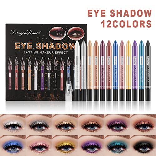 RoseFlower 12 Colors Eyeshadow Pencil Crayon Waterproof & Long Lasting Eyeshadow Stick Shimmer Cream Eyeshadow Pen Create Glitter Eye Makeup, Eas