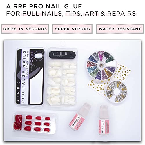 AIRRE Extra Strong Nail Glue for Acrylic Nails, Nail Tips & Press-On Nails (3ml) Precision Tip Nail Glue & File for Glue-On Fake Nails, Fix Broke