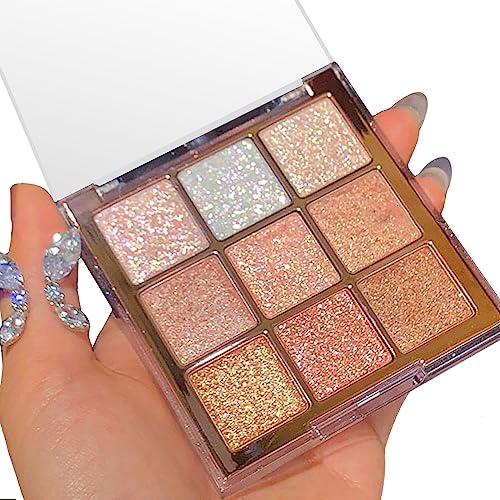 Glitter Eyeshadow Palette, Shimmer Eye Shadow Pallets for Women, 9 Colour Glitter Eye Make-Up Palettes, Gold, White, Pink Highly Pigmented Eye Sh