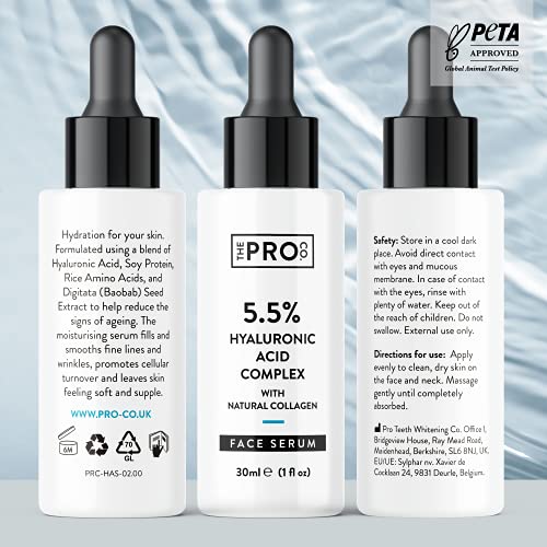 Hyaluronic Acid 5.5% Super Serum - from 4 Types of Sodium Hyaluronate - with Vegan Collagen & Amino Acids - Hydrates, Brightens, Firms Skin - Ant