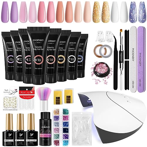 Poly Nail Gel Kit, Phoenixy 8 Pcs Poly Nail Extension Gel Set with Nail Lamp, Gloss Matte Top Coat, Nail Extension Gel Set for Beginners DIY Nail