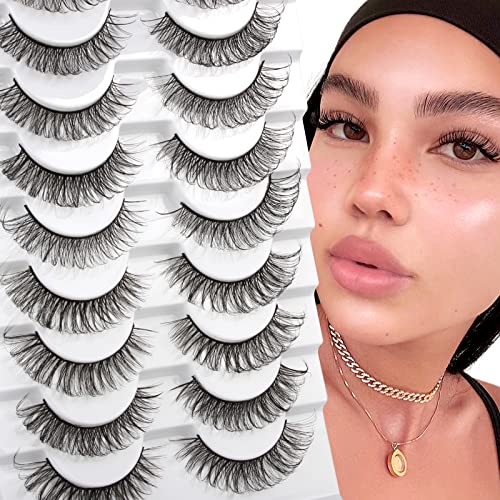 Glowing Win Cat Eye Lashes Natural Look False Eyelashes 7 Pairs Faux Mink Fluffy Lashes with Clear Band Wispy Fake Lashes Reusable Handmade Soft