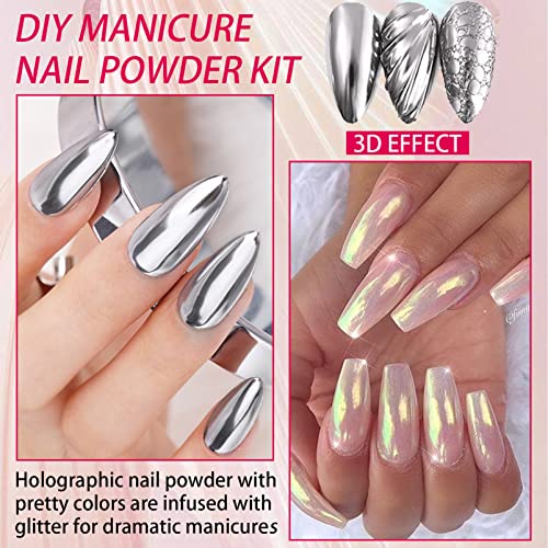 Chrome Nail Powder, White Pearl Nail Powder 4Pcs Chrome Powder for Nails, Metallic Holographic Nail Powder Mermaid Aurora Nail Art Pigment Solid