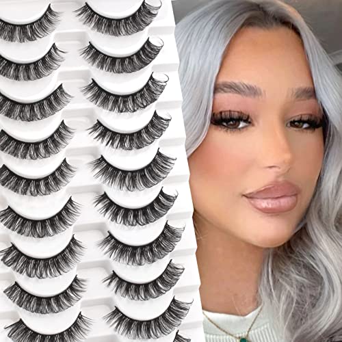Glowingwin Cat Eye Lashes Natural Look Russian Eyelashes D Curl Russian Strip Lashes Wispy Fluffy 3D Faux Mink Lashes Hybrid Strip Lashes 10 Pair