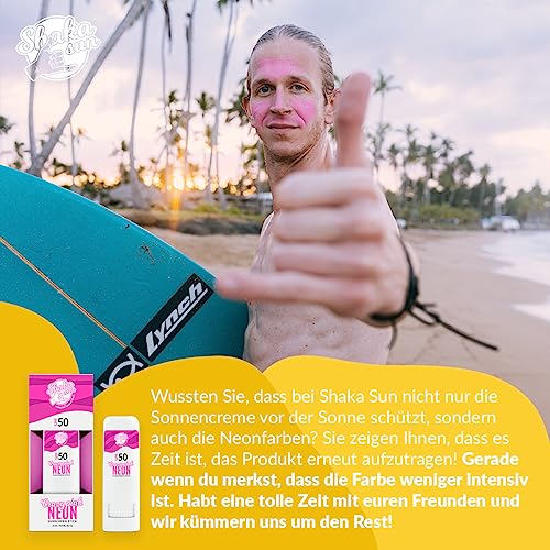 Shaka Sun Mineral Sun Protection Pen SPF 50+ Natural Zinc Oxide Sun Cream Neon Purple + Pink + Green for Children and Adults (Neon Pink)
