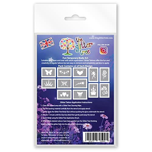 Girls themed glitter tattoo stencils - Ideal for all types of temporary body art - Pack of 24 x 12 Unique designs in each pack. Perfect for birth