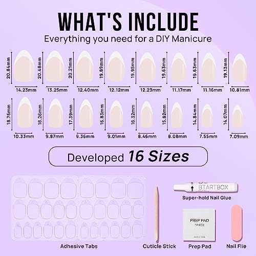 French Tip Short False Nails - BTArtbox Almond Press on Nails with Glue, 30Pcs Soft Gel Fake Nails in 15 Sizes, Reusable Semi-Transparent Stick o
