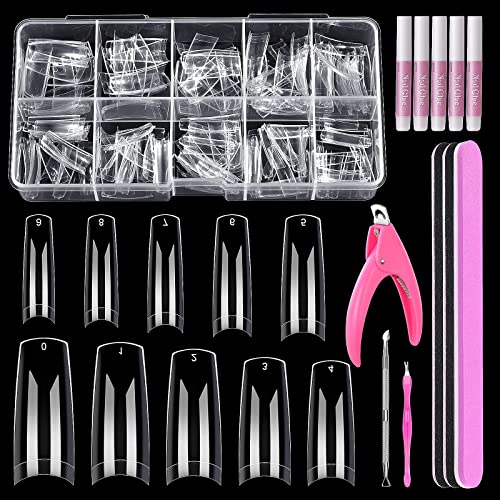 Clear Coffin Nail Tips Set, MORGLES 500 Pcs Clear Fake Nails French Tip Nails Acrylic Long Coffin Half Cover Nail Tips Ballerina False Nails with
