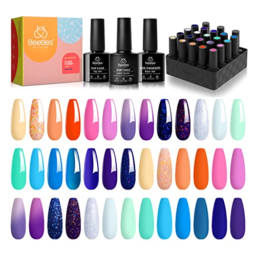 Beetles Gel Nail Polish Kit 20 Colors with 3Pcs Base Gel Glossy & Matte Top Coat Romance Rebellion, 2023 Summer Trendy Pink Red Blue Purple Glitt
