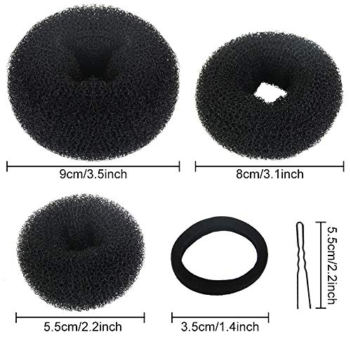 GOLRISEN Donut Hair Bun Maker Set,Black Bun Shaper,Hair Styling Accessory Dount Ring Style 10pcs Chignon Bun Maker (2L/4M/4S) with Hair Elastic B