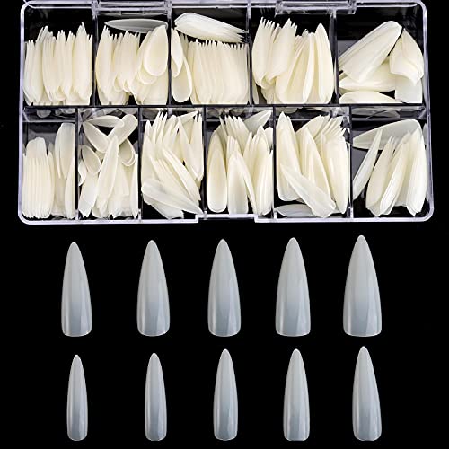 Almond Shaped Nail Tips 500Pcs Clear Acrylic Medium Nails Full Cover with Case for DIY Nail Art, 10 Sizes