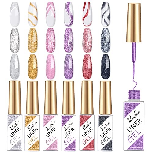 Rechoo Liner Nail Gel Polish-10ML*2 Gold & Silver Glitter Gel Nail Polish for Fineliner Nail Art, French Manicure Nail Polish, UV Shellac Color G