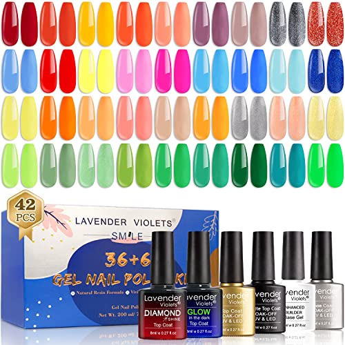 Lavender Violets 36+6 Pcs Gel Nail Polishes Set Neon UV LED Soak Off Varnish With Base,Glossy/Matte/Dimond/Glow-in-the-dark Top Coat Starter Kit