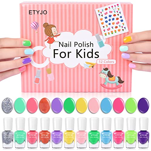 ETYJO Kids Nail Polish Set - 12 Rainbow Colors Quick Dry Peel-Off Girls Nail Varnish Sets Kids, Non-Toxic Water-Based Childrens Nail Polish with