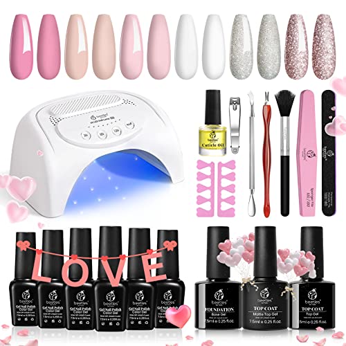 Beetles Gel Nail Polishes Starter Kit, 6 Colors Nail Salon Set with 48W Nail Lamp, Pink Valentines Decorations French White Glitter Pink Nude Gel