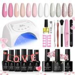 Beetles Gel Nail Polishes Starter Kit, 6 Colors Nail Salon Set with 48W Nail Lamp, Pink Valentines Decorations French White Glitter Pink Nude Gel