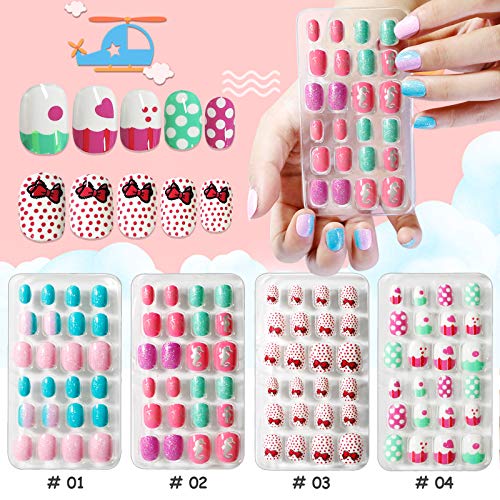 Kalolary 288PCS Kids False Nail, Press on Pre-glue Full Cover Candy Pattern Short False Nail Kits with 48PCS Nail Adhesive Tabs, Children's Day L
