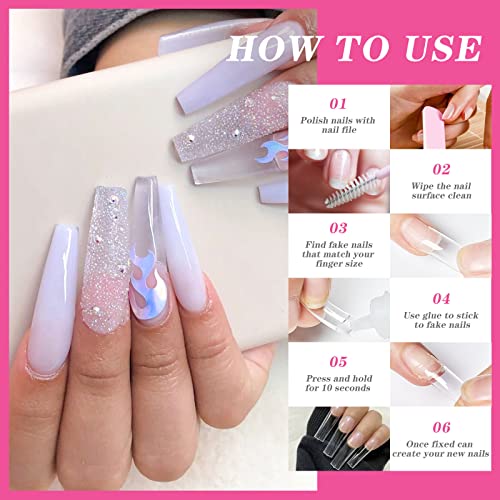 500 Pcs No C Curve Nail Tips XL Long Clear Nail Tips for Acrylic Nails Professional Set,10 Sizes Square Straight Tapered Half Cover Fake Nails Ti