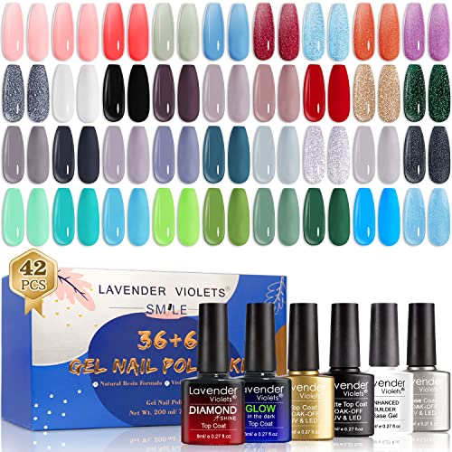 Lavender Violets 36+6 Pcs Gel Nail Polishes Set Neon UV LED Soak Off Varnish With Base,Glossy/Matte/Dimond/Glow-in-the-dark Top Coat Starter Kit