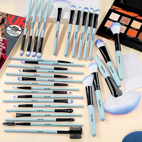 Makeup Brushes Set, 32pcs Blue Premium Cosmetic Make Up Brushes Foundation Blending Blush Concealer Shader Eyeshadow Eyeliner Compatible withTrav